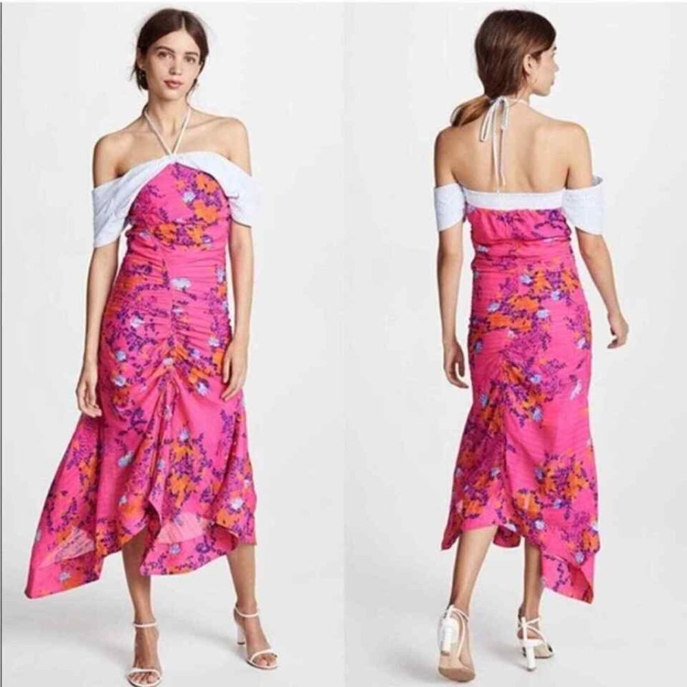 New Tanya Taylor Virginia Off the Shoulder Pink Aymmetric Floral Dress P6428